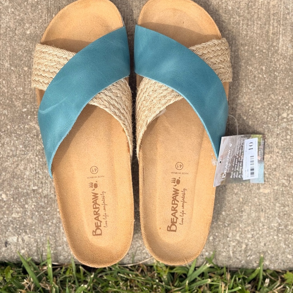 BearPaw Blue and Tan Cork Valentina Sandals